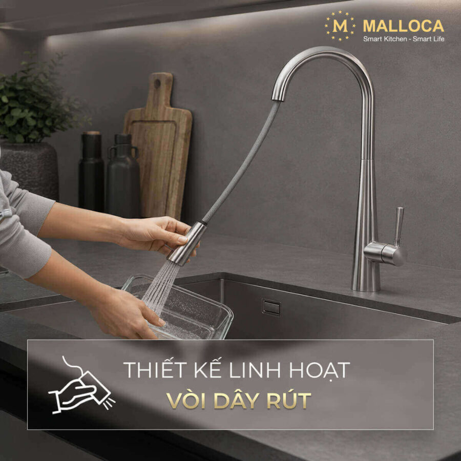 Vòi rửa chén nóng lạnh dây rút Inox 304 Malloca K095SS