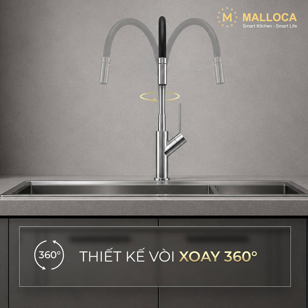 Vòi rửa chén nóng lạnh dây Silicon đồng thau Chrome Malloca K081C - Ảnh 2