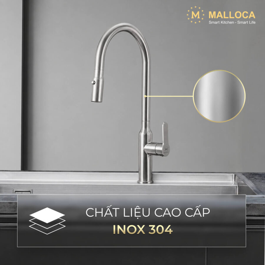 Alternative view of Vòi rửa chén nóng lạnh dây rút Inox 304 Malloca K046SS