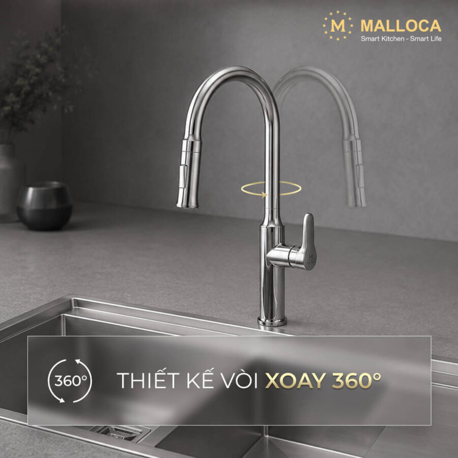 Vòi rửa chén nóng lạnh dây rút đồng thau Chrome Malloca K94C - Ảnh 3