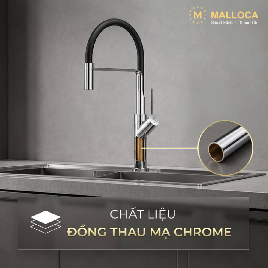 Vòi rửa chén nóng lạnh dây Silicon đồng thau Chrome Malloca K081C - Ảnh 3