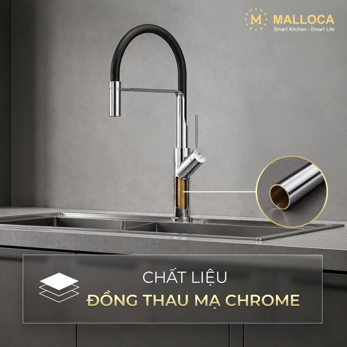 Vòi rửa chén nóng lạnh dây Silicon đồng thau Chrome Malloca K081C - Ảnh 3