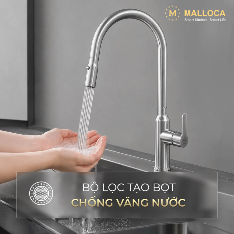 Vòi rửa chén nóng lạnh dây rút Inox 304 Malloca K046SS - Ảnh 3