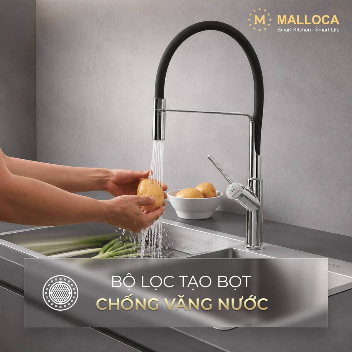 Vòi rửa chén nóng lạnh dây Silicon đồng thau Chrome Malloca K081C
