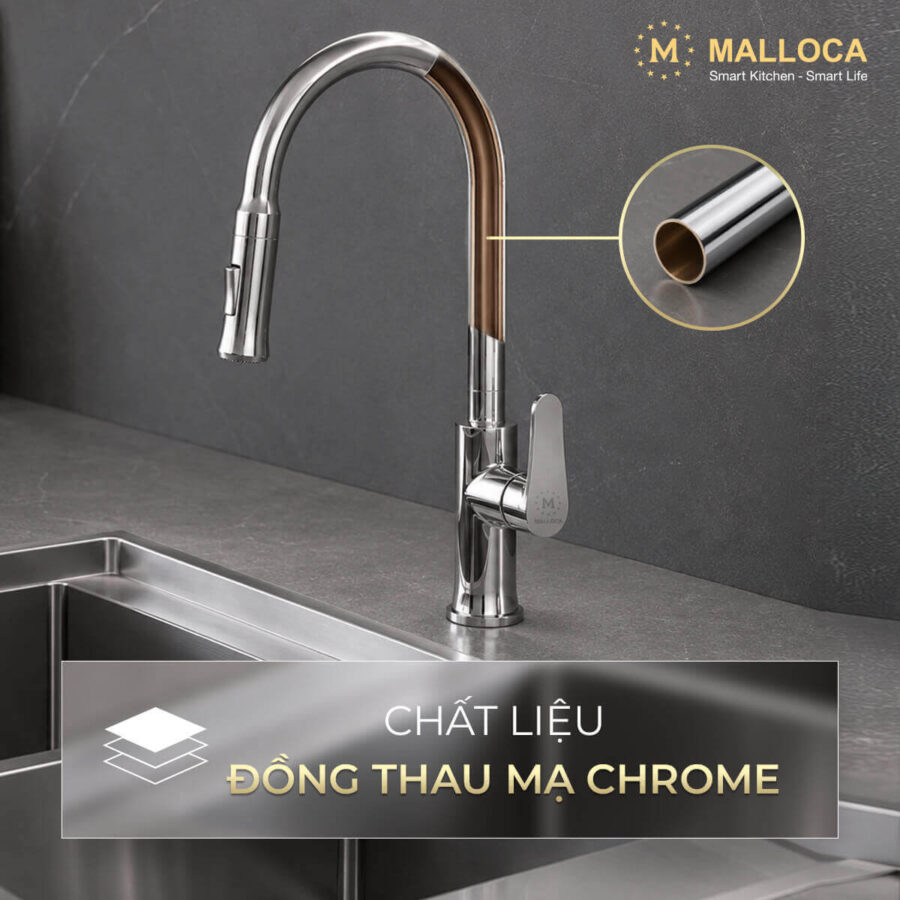 Vòi rửa chén nóng lạnh dây rút đồng thau Chrome Malloca K94C - Ảnh 4