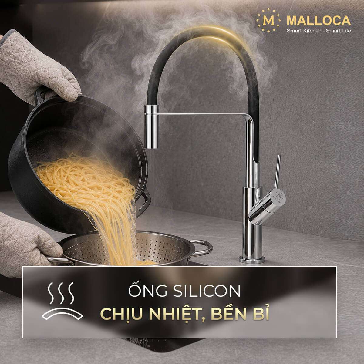 Vòi rửa chén nóng lạnh dây Silicon đồng thau Chrome Malloca K081C - Ảnh 4