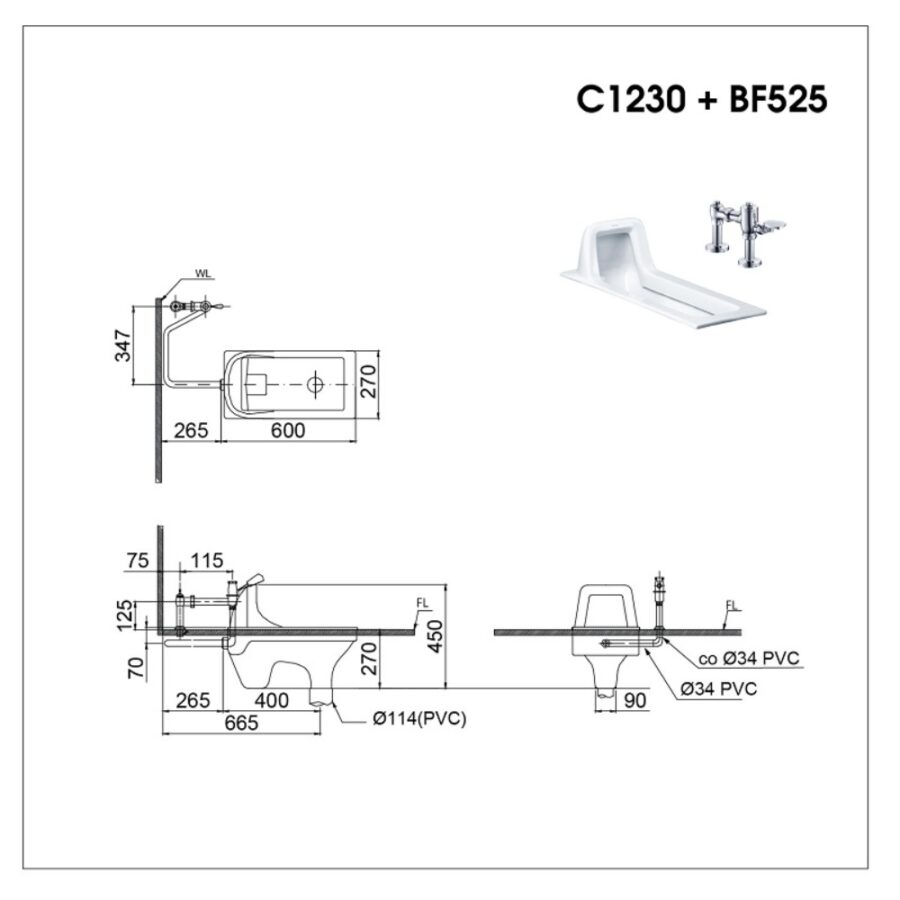 Bồn cầu xổm kèm van xả tay gạt Caesar C1230+BF525A