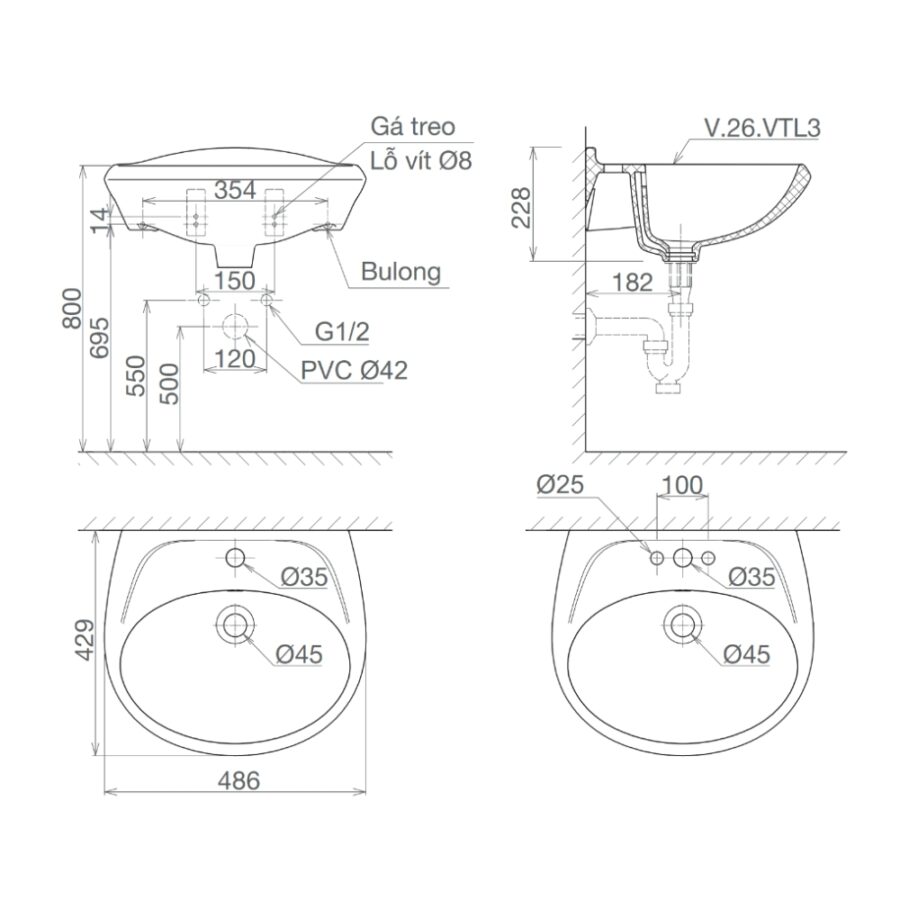 Chậu rửa lavabo treo tường Viglacera VTL3