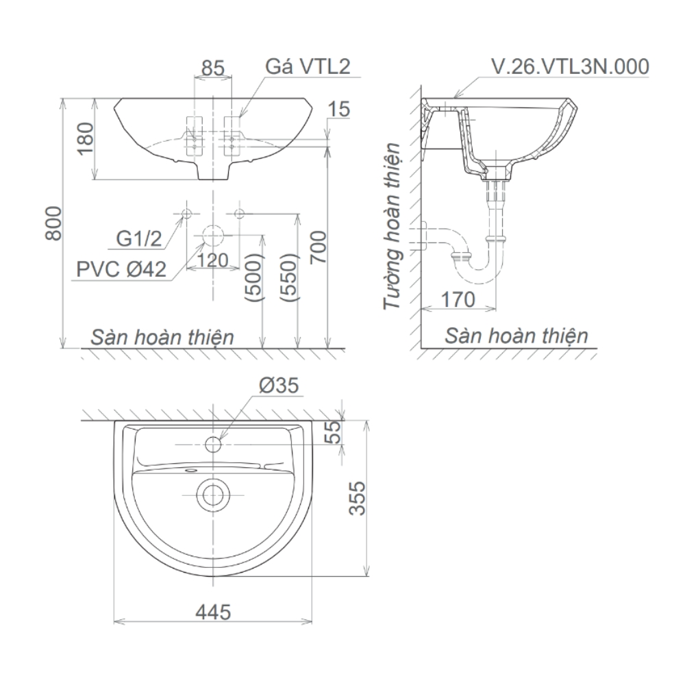 Chậu rửa lavabo treo tường Viglacera VTL3N